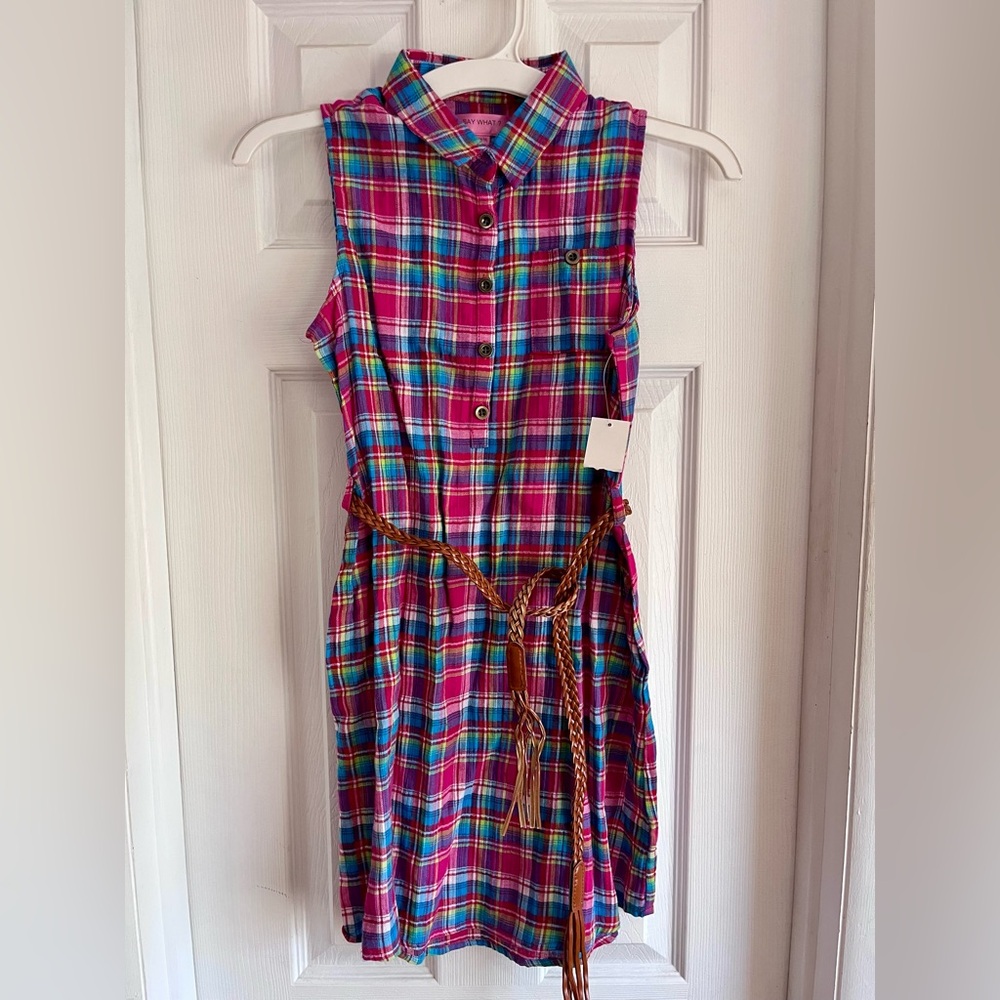Girls XL Plaid Dress Cotton with Belt Sleeveless New With Tags XL (14/16)